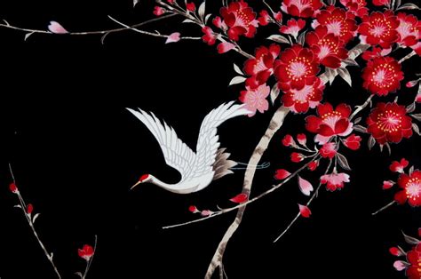 Cherry blossom and branch pattern floral printed silk organza. Crane Sakura Cherry Blossom Fabric Cotton Black White Bird