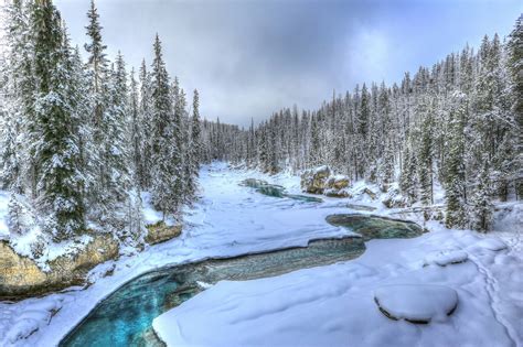 Winter Canada Rivers Forests Snow Alberta Nature Wallpaper 2048x1365