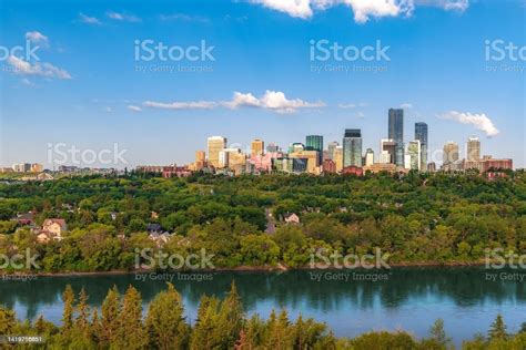 Downtown Edmonton Skyline Under A Bright Blue Sky Stock Photo