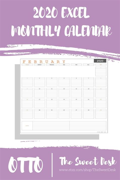 Editable Calendar 2020 Excel Template Printable Minimalist Etsy
