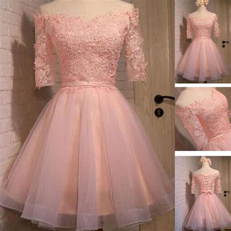 Long Sleeve Lace Pink Short Homecoming Prom Dresses Cm0006
