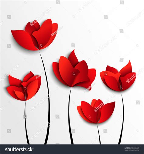 Five Red Paper Flowers On White Stock Vector 131940689