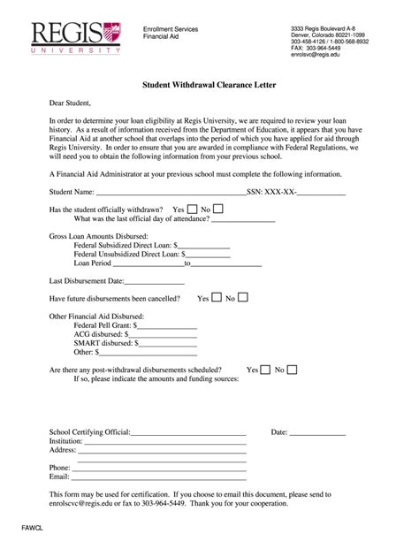 Regis University Student Withdrawal Clearance Letter Fill And Sign