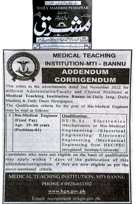 Jobs Advertisement Medical Teaching Institution Bannu