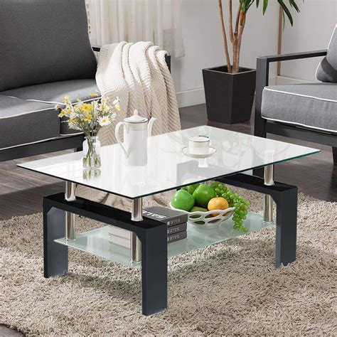 2 Tier Glass Coffee Table Rectangle Open Shelf Coffee Accent Table Living Room Table With