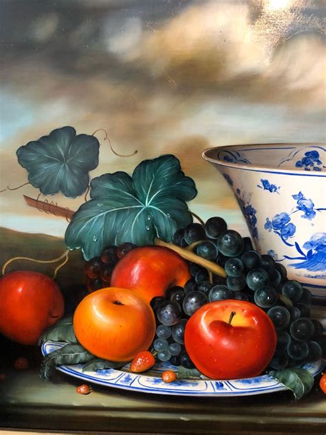Dominique Obeniche - OIl Painting Still Life Delft Porcelain, Grapes ...