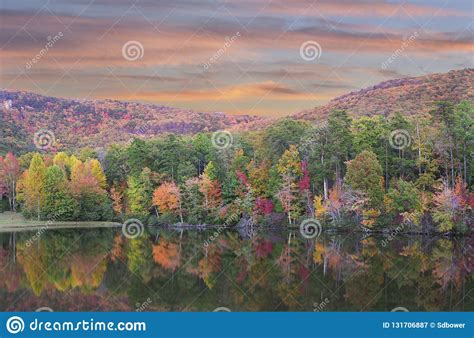 Panorama Of The Beautiful Fall Foliage Reflected In The Lake At Cheaha