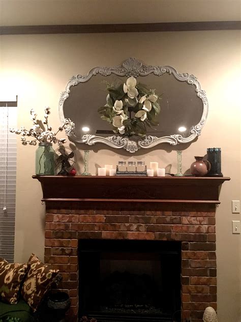 Mirror Over Fireplace With Magnolia Wreath Large Mason Jar And Cotton
