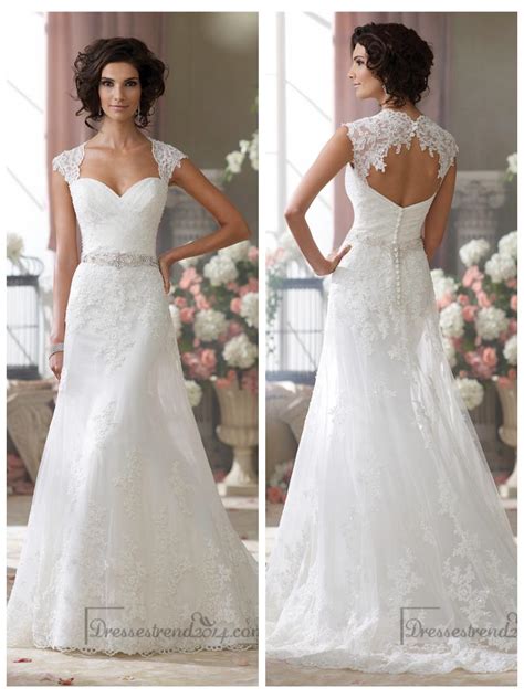 Cap Sleeves Slim A Line Sweetheart Lace Appliques Wedding Dresses