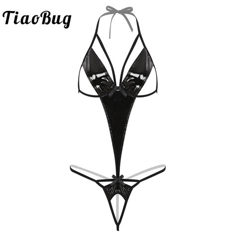 Tiaobug Women Wetlook Black Patent Leather Hot Sexy Lingerie Halter