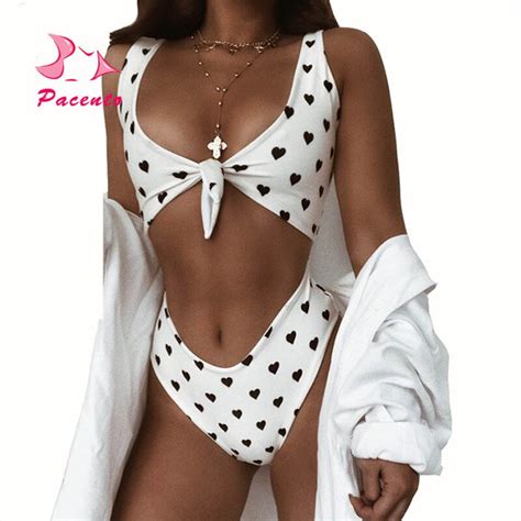 Pacento Print One Piece Swimsuit Monokini White Knot Bikini Women High Waist Cut Swimsuit Female