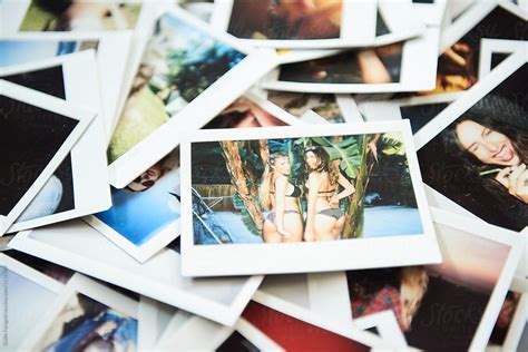 Two Sexy Girlfriends Posing At Camera In Bikini On Polaroid Image By