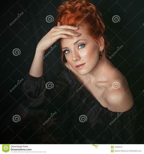 Portrait Of Redhead Woman With Blue Eyes In Vintage Style Stock Image