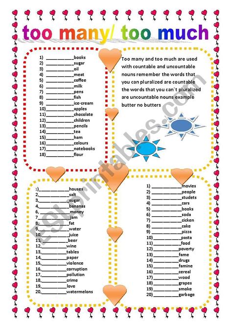 Too Much Too Many Esl Worksheet By Lelany Grammar Worksheets Worksheets Uncountable Nouns