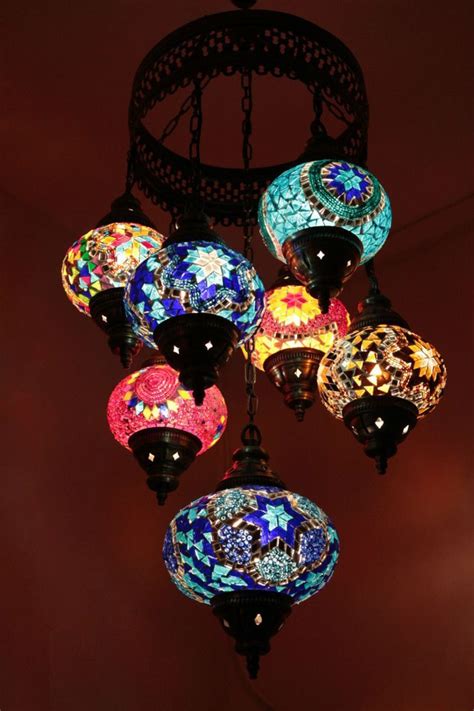 Turkish 7 Piece Mosaic Chandelier Large Glass Globes Moroccan Style