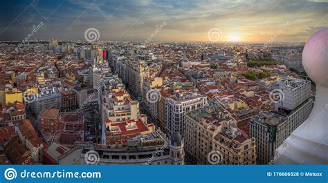 Madrid Cityscape And Gran Via Panoramic View In Spain Europe Stock