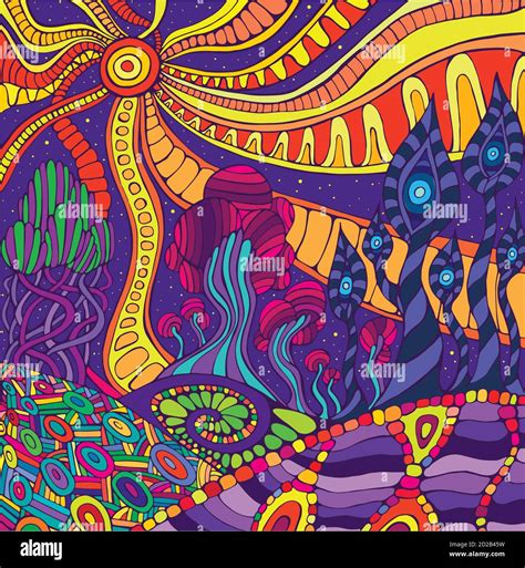 Colorful Doodle Surreal Landscape Fantastic Psychedelic Graphic Stock