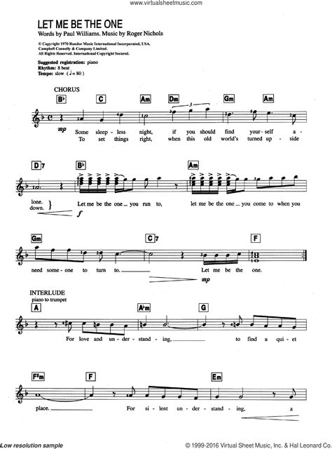 Free pdf download of let it be piano sheet music by the beatles. Carpenters - Let Me Be The One sheet music for piano solo (chords, lyrics, melody)