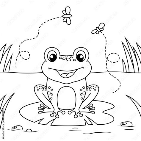 Frog Sitting On Leaf Of Water Lily Black And White Vector Illustration