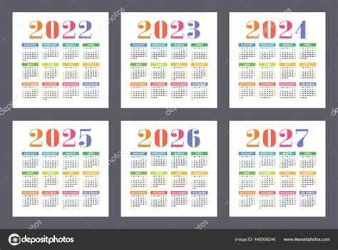 Calendar 2022 2023 2024 2025 2026 2027 Years English Colorful Stock