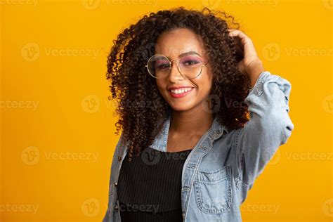 Young Afro American Woman With Curly Hair Looking At Camera And Smiling Cute Afro Girl With