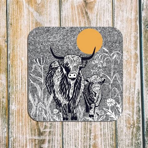 Wilder Highland Cow Coaster Grey Perkins And Morley Designs