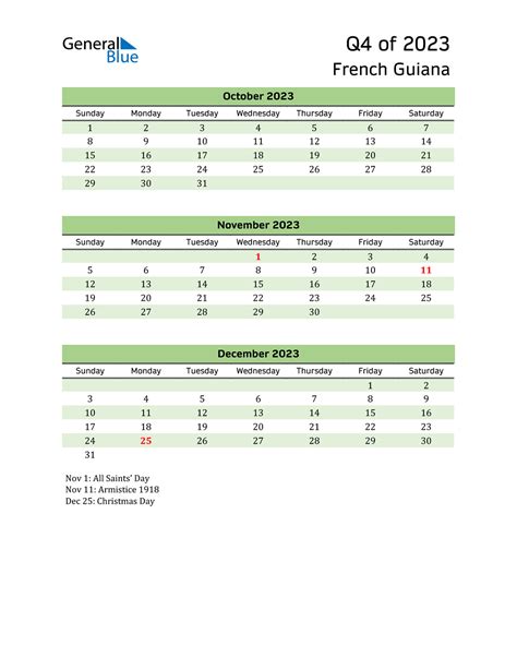 Q4 2023 Quarterly Calendar With French Guiana Holidays