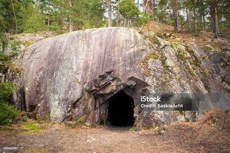 Landscape With Cave And Forest Scenic Entrance To Cave Rock Wall With A