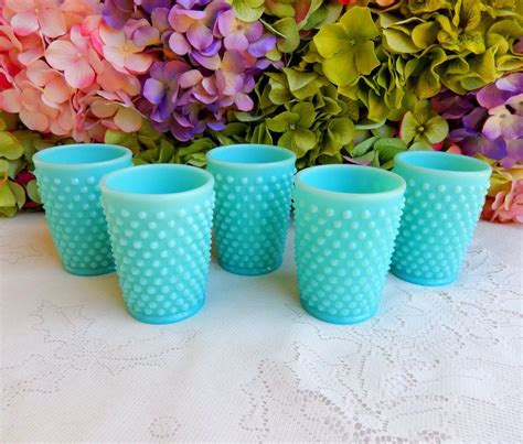 5 Vintage Fenton Blue Aqua Turquoise Milk Glass Hobnail Tumblers Glasses Milk Glass Vintage