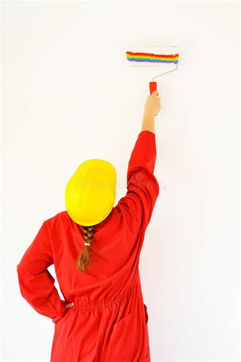 Real Female Painter Painting Wall Stock Image Image Of Repainting