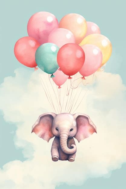 Hay Una Pintura De Un Elefante Volando En El Cielo Con Globos