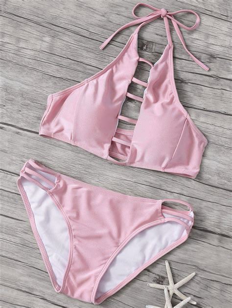 [18 off] 2021 hollow out high neck pink bikini set in pink zaful