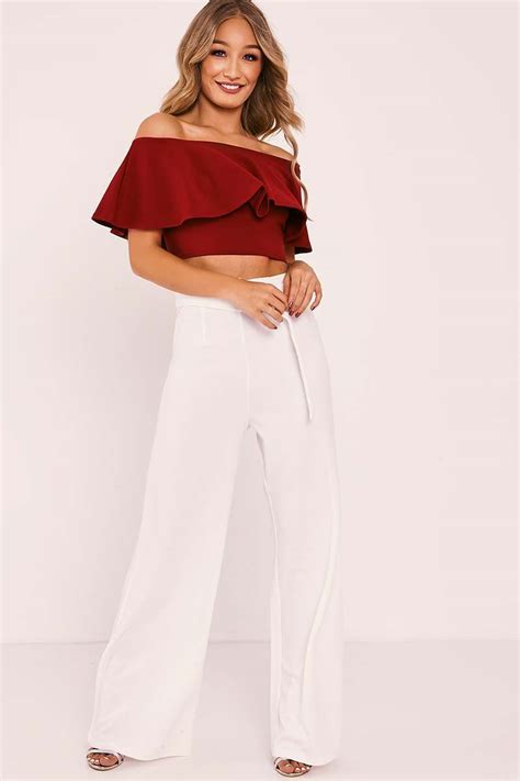 Burgundy Bardot Frill Crop Top In The Style