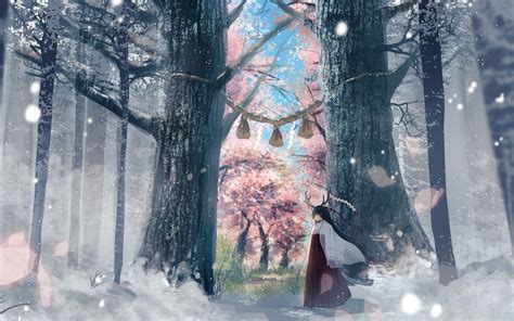 Download 1920x1200 Anime Forest Scenic Snow Miko Anime