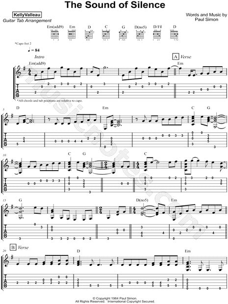 Kelly Valleau The Sound Of Silence Guitar Tab In E Minor Download Print SKU MN