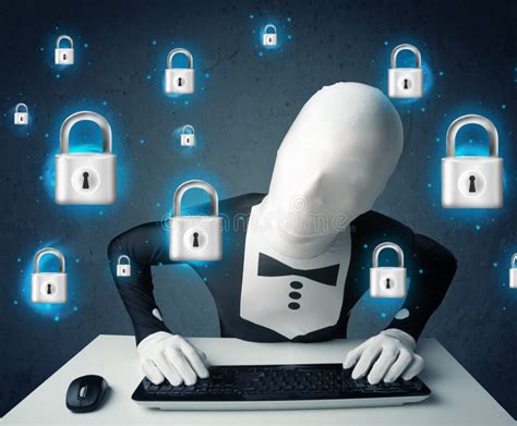 Hacker In Disguise With Virtual Lock Symbols And Icons Stock Image