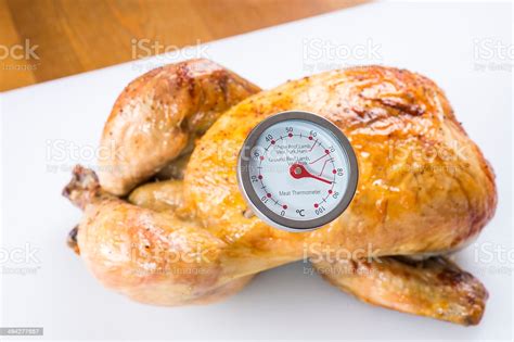 Check the internal temperature of the whole chicken in the innermost part of the thigh and wing. Meat Thermometer And Cooked Chicken At The Correct ...