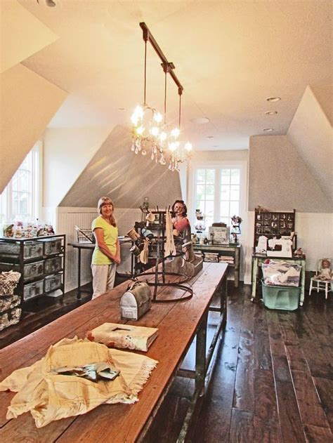The table is big enough that i can have both my sewing machines out at the same time, or big enough to spread. dream studio upstairs in my attic, one can dream can't ...