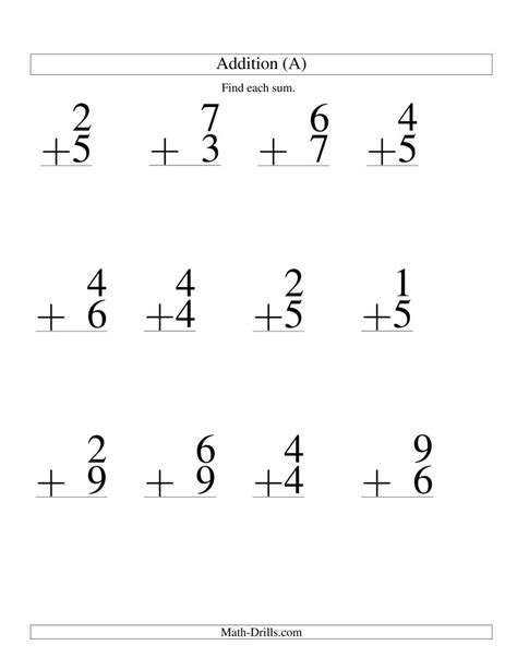 Download and print free math worksheets for 1st grade. Single-Digit Addition -- 9 Questions (A)