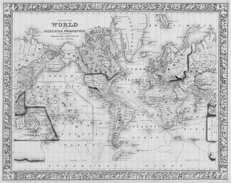 1863 Map Of The World Of The Mercator Projection Black And White