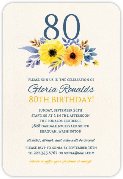 You can always specify regrets only if you only need to know if the invitees are not coming. Elegant Yellow Floral 80th Birthday Invitation | 80th ...