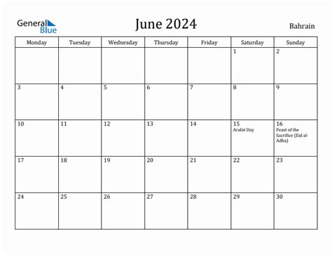 June 2024 Bahrain Monthly Calendar With Holidays