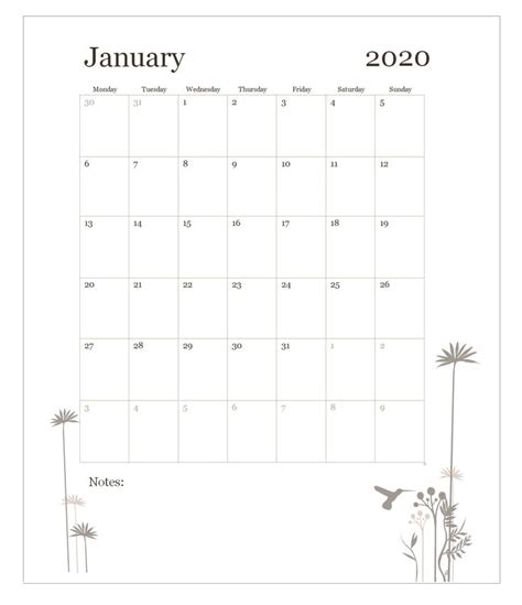 January 2020 Wall Calendar Cute Calendar Blank Calendar Template