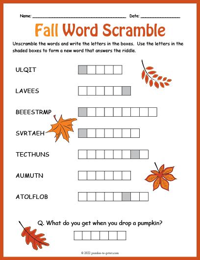 Fall Word Scramble Printable Printable Word Searches