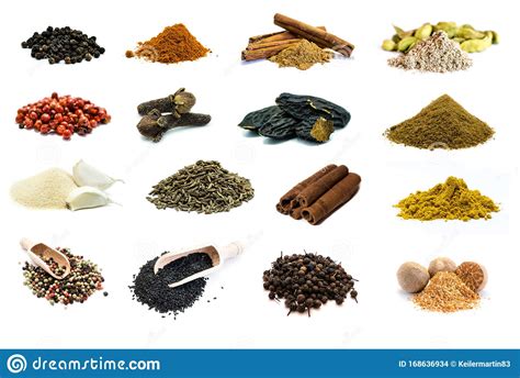Different Types Spices In Collage Isolated On White Background Stock Photo - Image of isolated ...