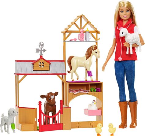 Barbie Métiers Coffret Vétérinaire à La Ferme Avec Poupée Blonde 7 Animaux Et 10 Accessoires