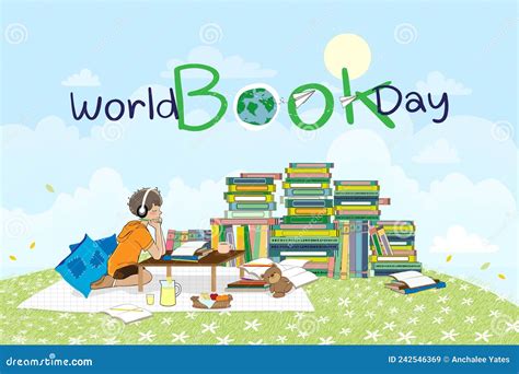 World Book Day Banner With Stack Of Book Kid Boy Sitting Reading Book