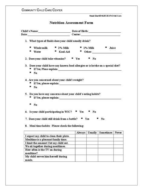 Child Nutrition Assessment Form 07 Milk Candy