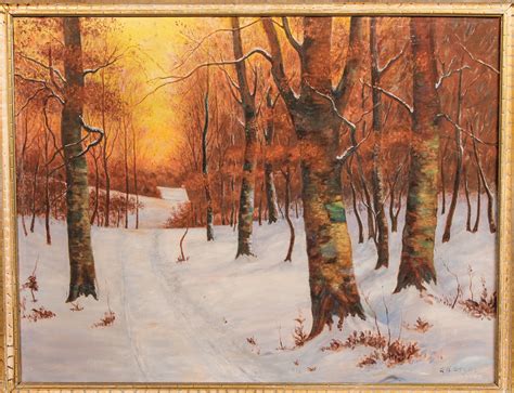 Signed 1940s Winter Sunset Landscape Luminist Painting Upstate New York