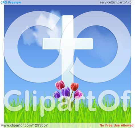 Clipart Of A 3d White Easter Cross With Tulip Flowers And Grass Against